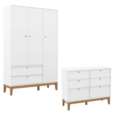 Imagem de Cômoda 6 Gavetas E Guarda Roupa Unique 3 Portas Branco Soft Eco Wood - Matic
