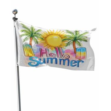 Imagem de Bandeira de verão para exterior 0,9 x 1,5 m, palmeiras de sol, sorvete, aquarela, resistente, impermeável, com costura dupla, faixa com dois ilhós