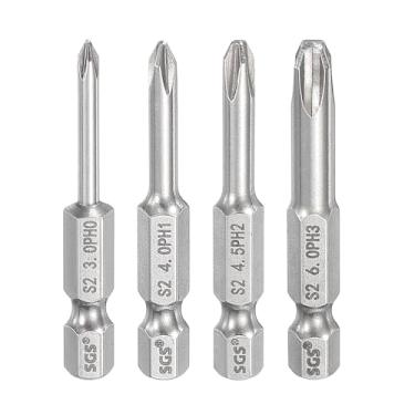 Imagem de HARFINGTON 4 peças de chave de fenda Phillips número 0/1/2/3 PH0+PH1+PH2+PH3 1/10.2 cm haste sextavada de 50 mm de comprimento com cabeça cruzada magnética S2 chave de fenda industrial de aço para