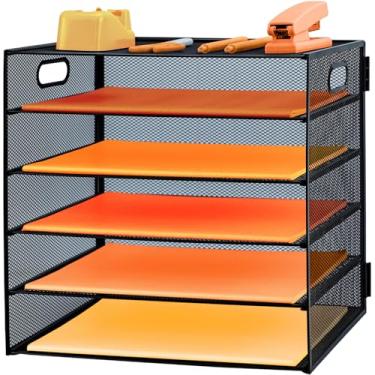 Imagem de PLSOPPKG Bandeja de papel para cartas de 5 camadas com alça, organizador de arquivos de mesa de malha de metal com bandejas, bandejas de arquivo de papel A4, suporte de documentos de revista para