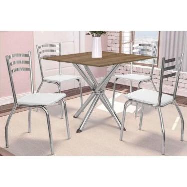 Imagem de Sala De Jantar Completa Volga Com Tampo De Madeira 90cm + 4 Cadeiras Portugal Cromada-branco 106 - Kappesberg