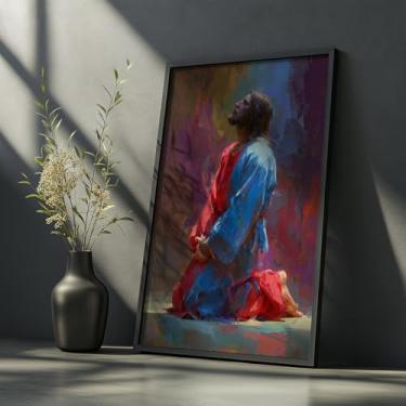 Imagem de Quadro Decorativo Jesus Orando Colorido Com Moldura Arte Religiosa Fé Cristã Devocional Decoração Lar Igreja Presente