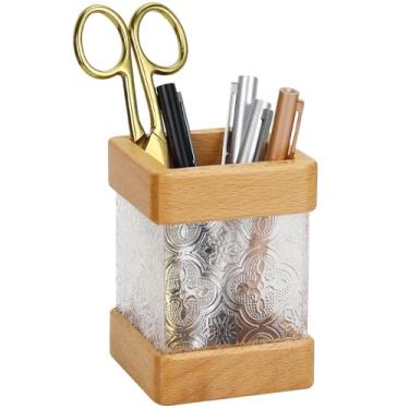 Imagem de MultiBey Porta-lápis de madeira de faia, suporte de caneta de madeira acrílica transparente, organizador de copos de lápis moderno, organizador de acessórios de mesa de madeira para escola, escritório