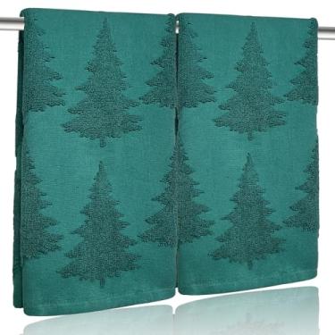 Imagem de Pacote com 2 toalhas de mão para árvore de Natal 100% algodão jacquard feriado cozinha panos de prato retrô neutro verde escuro conjunto de toalhas de banheiro presente sazonal Natal inverno decoração