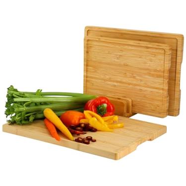 Imagem de Elama Conjunto de tábua de corte de madeira de bambu natural de 3 peças com base vertical, tábuas de queijo, armazenamento de bancada (bambu)