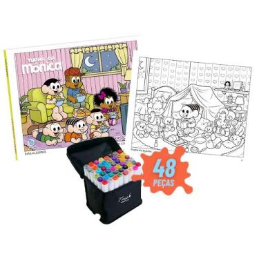Imagem de Livro de Colorir Turma da Mônica + Bolsa com 48 Canetinhas Ponta Dupla