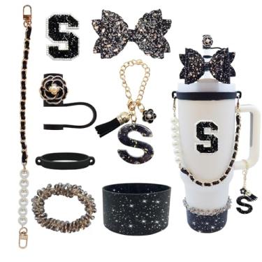Imagem de Conjunto de acessórios de copo de 8 peças para Stanley Copo de 76 ml com alça, incluindo topo de palha, bota, alça de alça de garrafa de água, decoração de arco de palha, pulseiras, pingente de letra