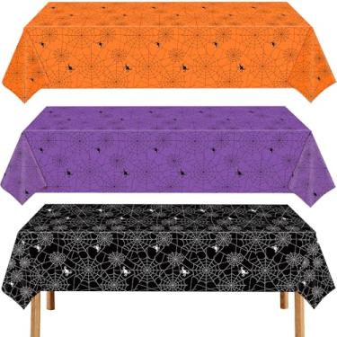Imagem de CUUSNNY Toalha de mesa de Halloween, pacote com 3 toalhas de mesa de plástico de teia de aranha 137 cm x 274 cm, capas de mesa retangulares descartáveis laranja preta roxa com aranhas para festa de