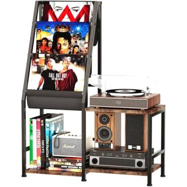 Imagem de Homeiju Suporte 3 em 1 para toca-discos com armazenamento de vinil, armário de discos e suporte para toca-discos, serve para 200 álbuns, organizador de armazenamento de mídia vintage/detalhe de