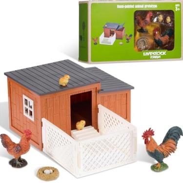 Imagem de Skylety 9 Pieces Easter Chicken Figurine Chicken Model Playset Farm Action Figures Fences Around Building Blocks Farm Coop Set Birthday Party Present Animal Easter for Kids Age from 3 to 8
