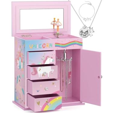 Imagem de efubaby Caixa de joias para meninas, 5 camadas, com porta giratória, bailarina, unicórnio e castelo, conjunto de joias de unicórnio incluído caixa de música infantil para meninas, presente de