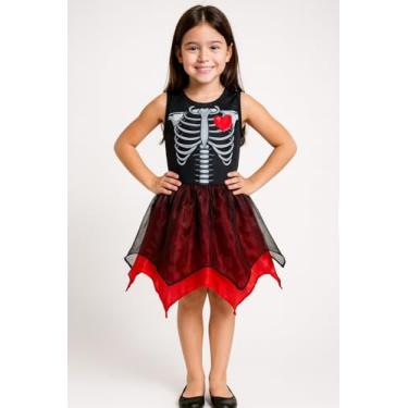 Imagem de Fantasia Infantil Esqueleta Caveira Criança Halloween Vestido Roupa (Preto, P (veste 2 a 3 anos))