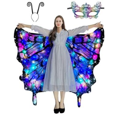 Imagem de WhiteUniQoon Asas de borboleta de LED com estampa dupla face, para adultos, com 3 efeitos de iluminação diferentes para festa de Halloween com máscara de renda e faixa de cabeça de antena - 005