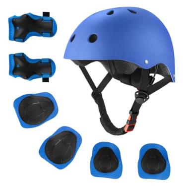 Imagem de Capacete de bicicleta infantil para crianças de 2 a 14 anos, capacete infantil de segurança ajustável com conjunto de equipamentos de proteção, capacetes de skate e scooter com joelheiras e protetores