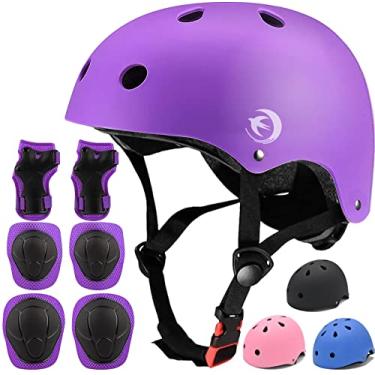Imagem de Conjunto de capacete infantil com joelheiras, cotoveleiras, protetores de pulso, capacete ajustável para crianças e jovens, 3 a 14 anos, conjunto de equipamentos de proteção para meninas, meninos