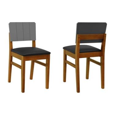 Imagem de Kit 2 Cadeiras Linhas Madeira Maciça Encosto MDF Laqueado Cinza - Amêndoa - Assento Estofado Corano Preto