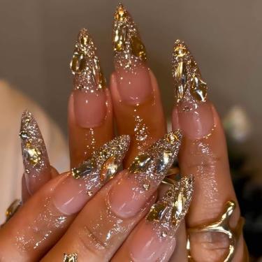 Imagem de RUOKEXIN Unhas postiças longas de ponta francesa, unhas postiças douradas com glitter, desenhos de strass, cola de amêndoa nas unhas, unhas artificiais brilhantes, 24 peças