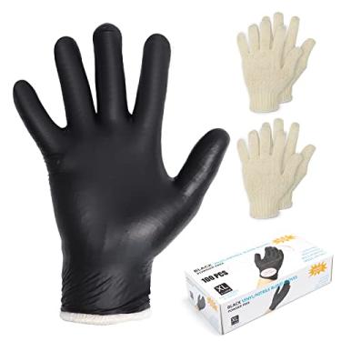 Imagem de Flehomo Kit de luvas de churrasco com 2 pares de forro de luvas reutilizáveis resistentes ao calor e 100 peças de luvas de nitrilo descartáveis para cozinhar ao ar livre e churrasco, preto, GG