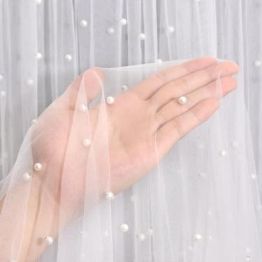 Imagem de Miegecha Tule perolado de tule extra largo de 3 m com pérolas, 152 x 300 cm, tecido transparente macio em várias cores para arco de casamento, festa, chá de bebê, aniversário, véu, vestido e decoração