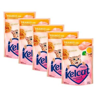Imagem de Kit 5 Ração Úmida para Gatos Kelcat Sabor Frango com Brócolis e Linhaç