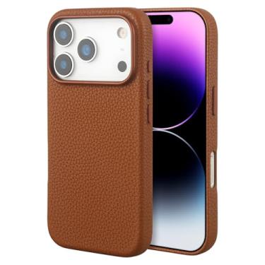 Imagem de Capa de couro compatível com iPhone 17 Pro – Capa de couro real de grão lichia premium compatível com MagSafe, capa protetora fina com forro de microfibra macia, à prova de choque, marrom de 16 cm