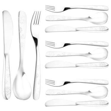Imagem de DJAPWPX Conjunto de utensílios infantis de aço inoxidável, 12 peças, conjunto de talheres para crianças, espelho, polido, garfo e colher, kit de talheres, pode ser lavado na lava-louças (prata)