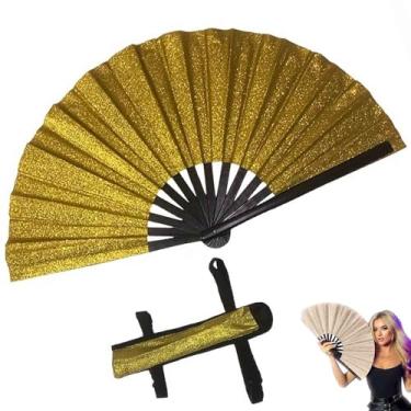 Imagem de Grande Ventilador de rave dobrável para as mãos, ventilador decorativo dobrável portátil para homens mulheres, para apresentação, festivais, presente, dança, decorações (Dourado)
