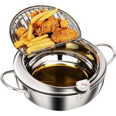 Imagem de FALESOUL Frigideira, 3,8 Qt/14,5 polegadas estilo japonês pequena fritadeira 304 aço inoxidável, mini fritadeira profunda com termômetro, tampa, escorredor de óleo para batatas fritas peixe camarão