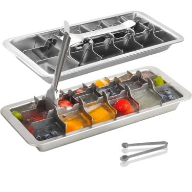 Imagem de GHAHILI Bandejas de cubos de gelo de aço inoxidável, bandejas de metal para freezer, design vintage inspirado com alavanca de liberação e alça de remoção para fazer cubos grandes de cozinha e bar (2