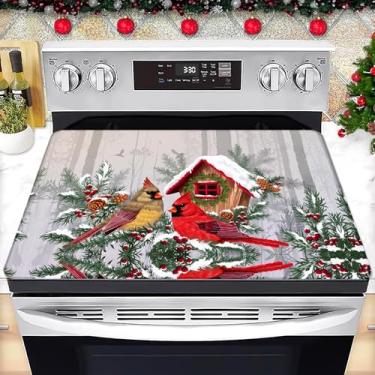Imagem de Tampa superior de fogão para fogão elétrico 71 x 50 cm, protetor de cobertura de fogão de vidro resistente ao calor de pássaro cardeal de Natal, capas de fogão elétrico planas de cozinha