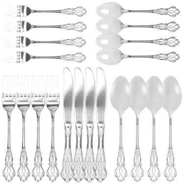 Imagem de KHZSPP Conjunto de talheres de aço inoxidável, 20 peças, pode ir à lava-louças para 4 pessoas ao mesmo tempo para casa, restaurante, viagem (prata)
