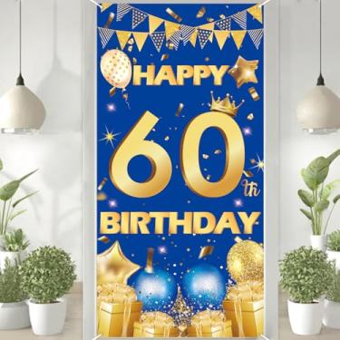 Imagem de Decoração de banner de porta de feliz aniversário de 60 anos de ouro azul de 1,5 m x 1,8 m, capa de porta de feliz aniversário para decoração de aniversário ao ar livre.
