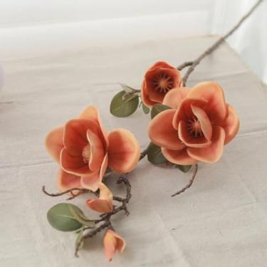 Imagem de Flores artificiais de magnólia, galhos longos, decoração de Natal para casa, casamento, faça você mesmo, arranjo para sala de estar, orquídea, planta falsa, layout de jardim (laranja)