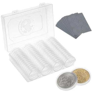 Imagem de QWORK Conjunto de porta-moedas, 60 unidades de cápsulas de dólar de prata de 4 cm, cápsulas de moeda com junta de espuma, estojo de armazenamento de plástico para colecionadores de moedas, 41 mm