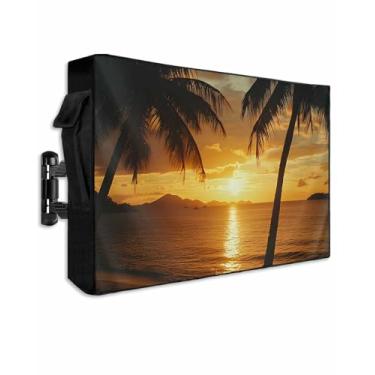 Imagem de DOME-SPACE Capa de TV ao ar livre paisagem de verão oceano praia pôr do sol para televisões de tela plana externa, cenário de palmeira, protetor de tela de TV à prova de intempéries com zíper para