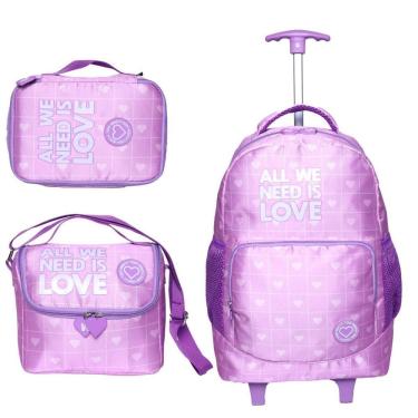 Imagem de Kit Mochila De Rodinha Bolsa Estojo Lancheira Coração -Lilás