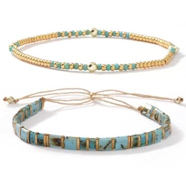 Imagem de SHINUS BOHO Tila Conjunto de pulseiras femininas retrô coloridas com contas, 2 peças modernas feitas à mão Miyuki contas de vidro elásticas boêmias, acessórios festivos para presente de bijuteria