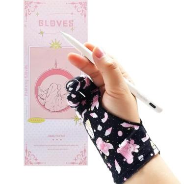 Imagem de Luva de desenho artística feminina, luva de arte digital respirável com dois dedos, rejeição de palma de 3 camadas, tablet gráfico digital direita/esquerda, preto, rosa, tamanho M