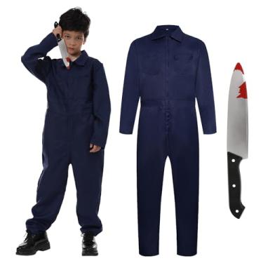 Imagem de Pigmiss Halloween Kids Coverall Boys Scary Killer with Knife Blue Jumpsuit Coveralls Workwear Horror Cosplay Party Outfits