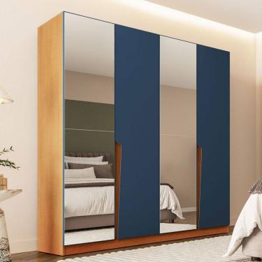 Imagem de Guarda-Roupa Casal Porto 4 Portas 4 Gavetas com Espelho Freijó/Azul - Politorno