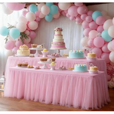 Imagem de Pacote com 2 toalhas de mesa de tule rosa 2 em 1 para mesa retangular de 1,8 m – saia de mesa elástica e capa para chá de bebê, noiva, aniversário, festa de princesa