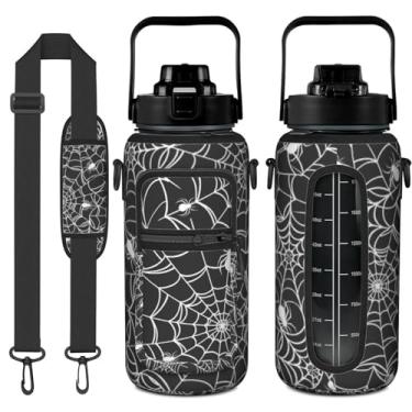 Imagem de Garrafa de água de 1,8 litro de Halloween com manga - Flip Top livre de BPA 1,8 g - Marcador de tempo motivacional à prova de vazamento - Presentes góticos de bruxa para mulheres - Teia de aranha para