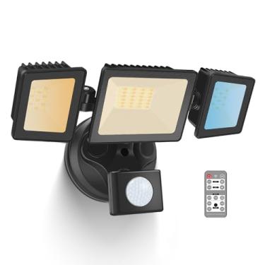 Imagem de Sensor de movimento de luzes de segurança LED, holofotes de 36 W 3000 lm, sensor de movimento externo com controle remoto, brilho regulável 3000K-6000K CCT IP65 3 cabeçotes de luz de segurança externa