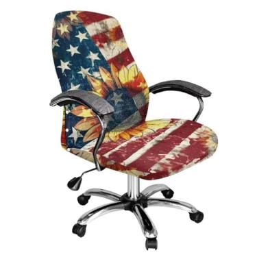 Imagem de Wiryuouvt Girassol, bandeira americana, capa de cadeira de escritório, para computador, extensível, giratória, removível, sem braço, capa protetora para cadeira de jantar lavável - G