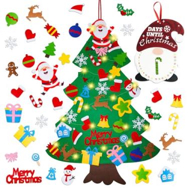 Imagem de Árvore de Natal de feltro para crianças, conjunto de árvore de feltro DIY de 1 m para parede com luzes + calendário do advento de gnomo + 34 ornamentos, decoração de casa de Natal interna, presentes