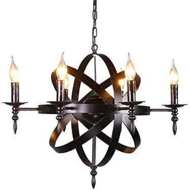 Imagem de Lustre redondo de ferro forjado preto medieval, luminária pendente de tamanho grande para sala de estar, corredor ou casa de campo, estilo meados do século