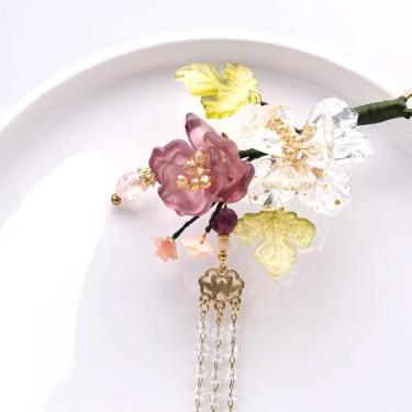 Imagem de 1 peça rabithenn elegante palito de cabelo de camélia, flor roxa e transparente com alfinete de cabelo de folhas verdes para mulheres, acessório de penteado chinês para presente (camélia dupla)
