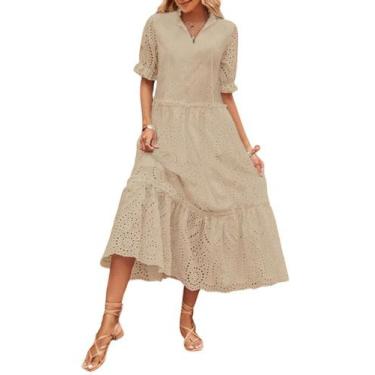 Imagem de Vestido feminino chouyatou, bordado boho de verão, ilhó, cáqui