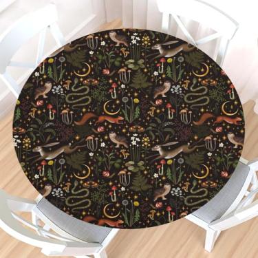 Imagem de Toalha de mesa redonda de floresta bruxa com borda elástica, resistente à água, piquenique, gótica, floral, rústica, para mesas de 101,6 a 111,8 cm, cogumelo, flor, lua, estrelas, animal, toalha de