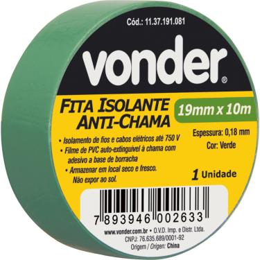 Imagem de Fita isolante pvc 19mmx10m verde anti chama peça Vonder